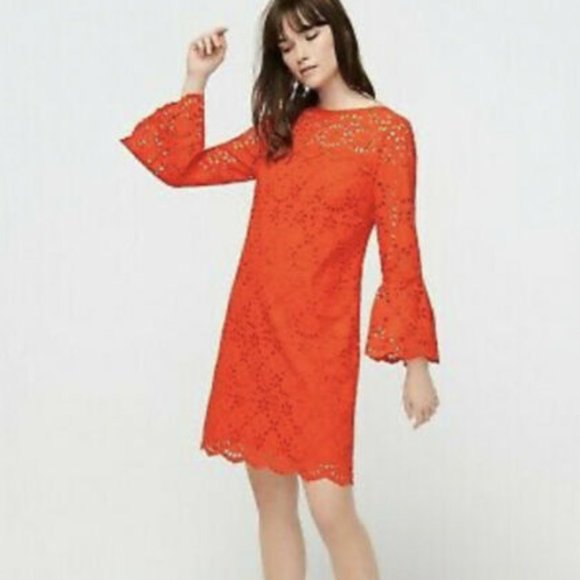 Bell-sleeve dress in embroidered eyelet